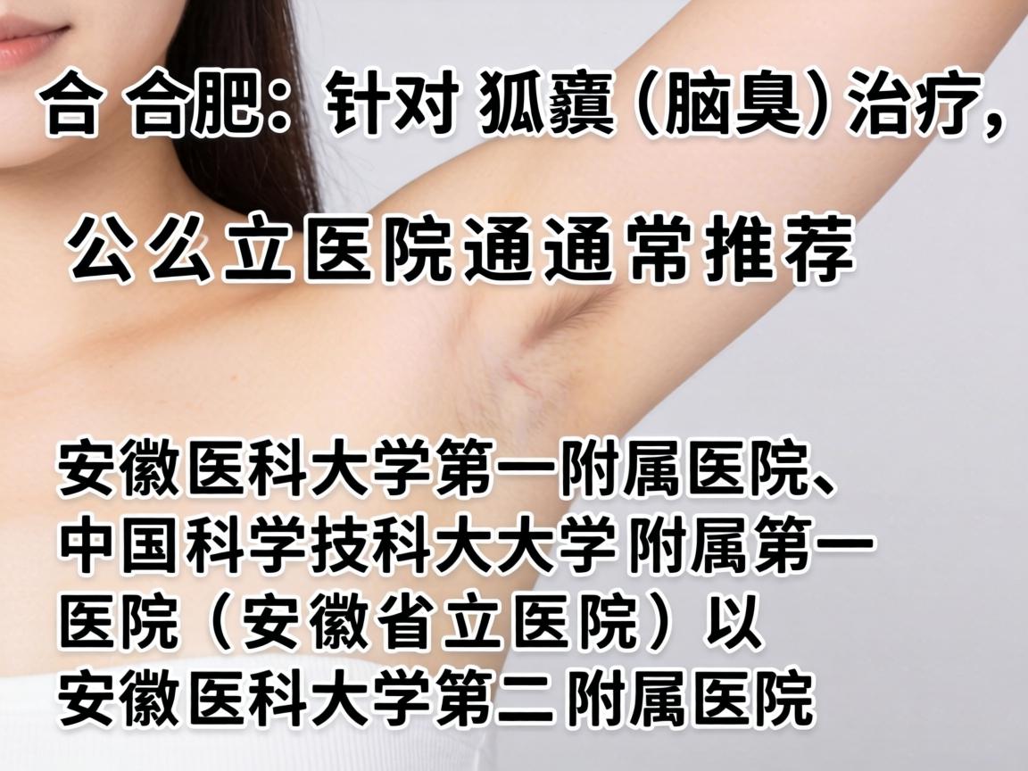在合肥,针对狐臭(腋臭)的治疗,公立医院通常推荐安徽医科大学第一附属医院、中国科学技术大学附属第一医院(安徽省立医院)以及安徽医科大学第二附属医院 在合肥,针对狐臭(腋臭)的治疗,公立医院通常推荐安徽医科大学第一附属医院、中国科学技术大学附属第一医院(安徽省立医院)以及安徽医科大学第二附属医院