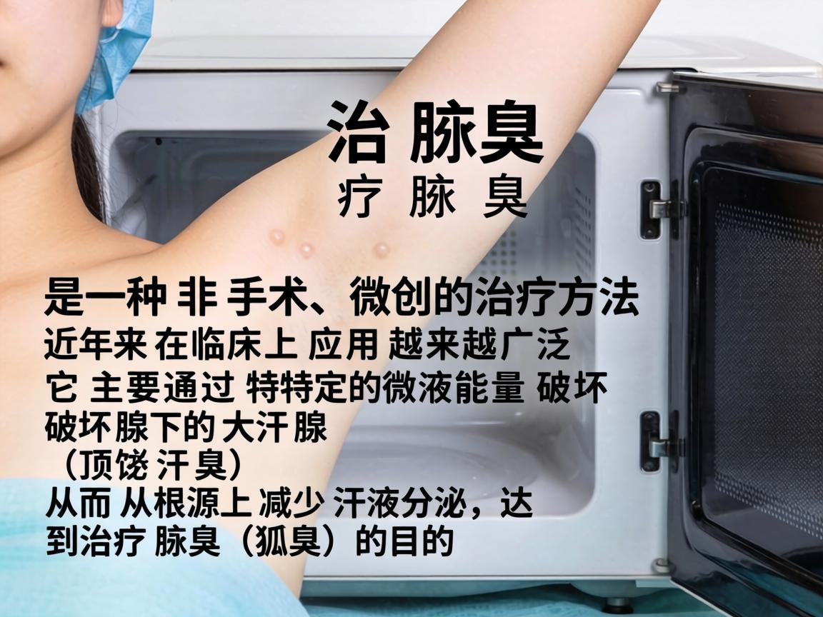 微波治疗腋臭是一种非手术、微创的治疗方法,近年来在临床上应用越来越广泛。它主要通过特定的微波能量破坏腋下的大汗腺(顶泌汗腺)从而从根源上减少汗液分泌,达到治疗腋臭(狐臭)的目的 微波治疗腋臭是一种非手术、微创的治疗方法,近年来在临床上应用越来越广泛。它主要通过特定的微波能量破坏腋下的大汗腺(顶泌汗腺)从而从根源上减少汗液分泌,达到治疗腋臭(狐臭)的目的
