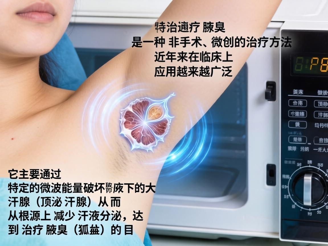微波治疗腋臭是一种非手术、微创的治疗方法,近年来在临床上应用越来越广泛。它主要通过特定的微波能量破坏腋下的大汗腺(顶泌汗腺)从而从根源上减少汗液分泌,达到治疗腋臭(狐臭)的目的 微波治疗腋臭是一种非手术、微创的治疗方法,近年来在临床上应用越来越广泛。它主要通过特定的微波能量破坏腋下的大汗腺(顶泌汗腺)从而从根源上减少汗液分泌,达到治疗腋臭(狐臭)的目的