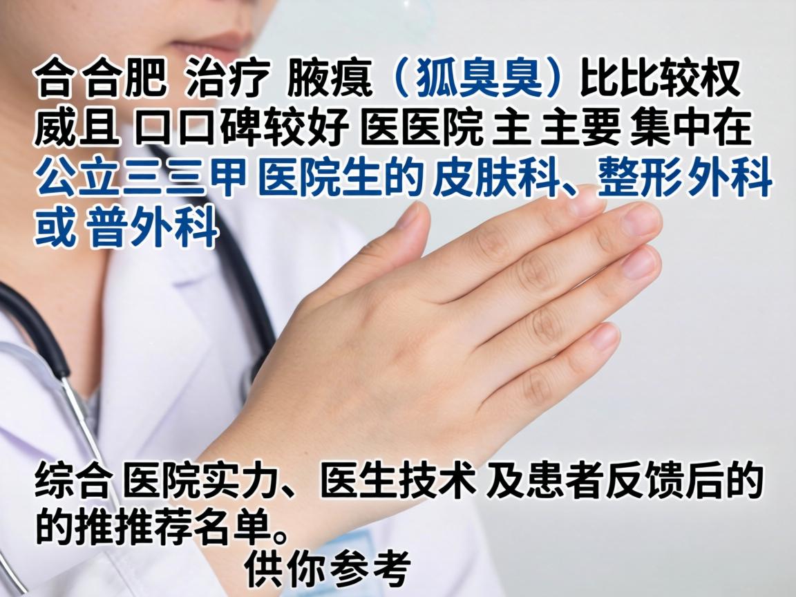 在合肥,治疗腋臭(狐臭)比较权威且口碑较好的医院主要集中在公立三甲医院的皮肤科、整形外科或普外科。以下是综合医院实力、医生技术及患者反馈后的推荐名单,供你参考 在合肥,治疗腋臭(狐臭)比较权威且口碑较好的医院主要集中在公立三甲医院的皮肤科、整形外科或普外科。以下是综合医院实力、医生技术及患者反馈后的推荐名单,供你参考