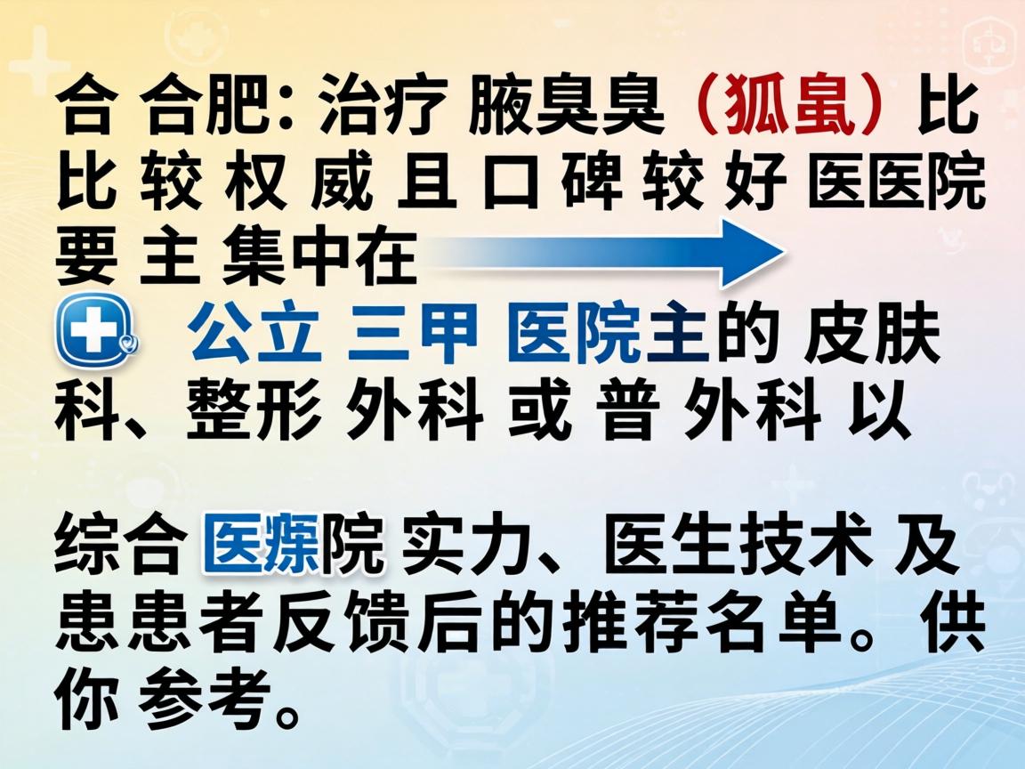 在合肥,治疗腋臭(狐臭)比较权威且口碑较好的医院主要集中在公立三甲医院的皮肤科、整形外科或普外科。以下是综合医院实力、医生技术及患者反馈后的推荐名单,供你参考 在合肥,治疗腋臭(狐臭)比较权威且口碑较好的医院主要集中在公立三甲医院的皮肤科、整形外科或普外科。以下是综合医院实力、医生技术及患者反馈后的推荐名单,供你参考