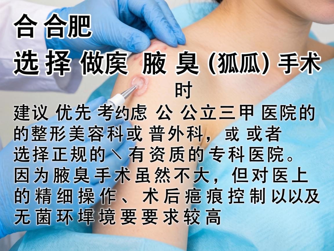 在合肥，选择做腋臭（狐臭）手术的医院时，建议优先考虑公立三甲医院的整形美容科或普外科，或者选择正规的、有资质的专科医院。因为腋臭手术虽然不大，但对医生的精细操作、术后疤痕控制以及无菌环境要求较高