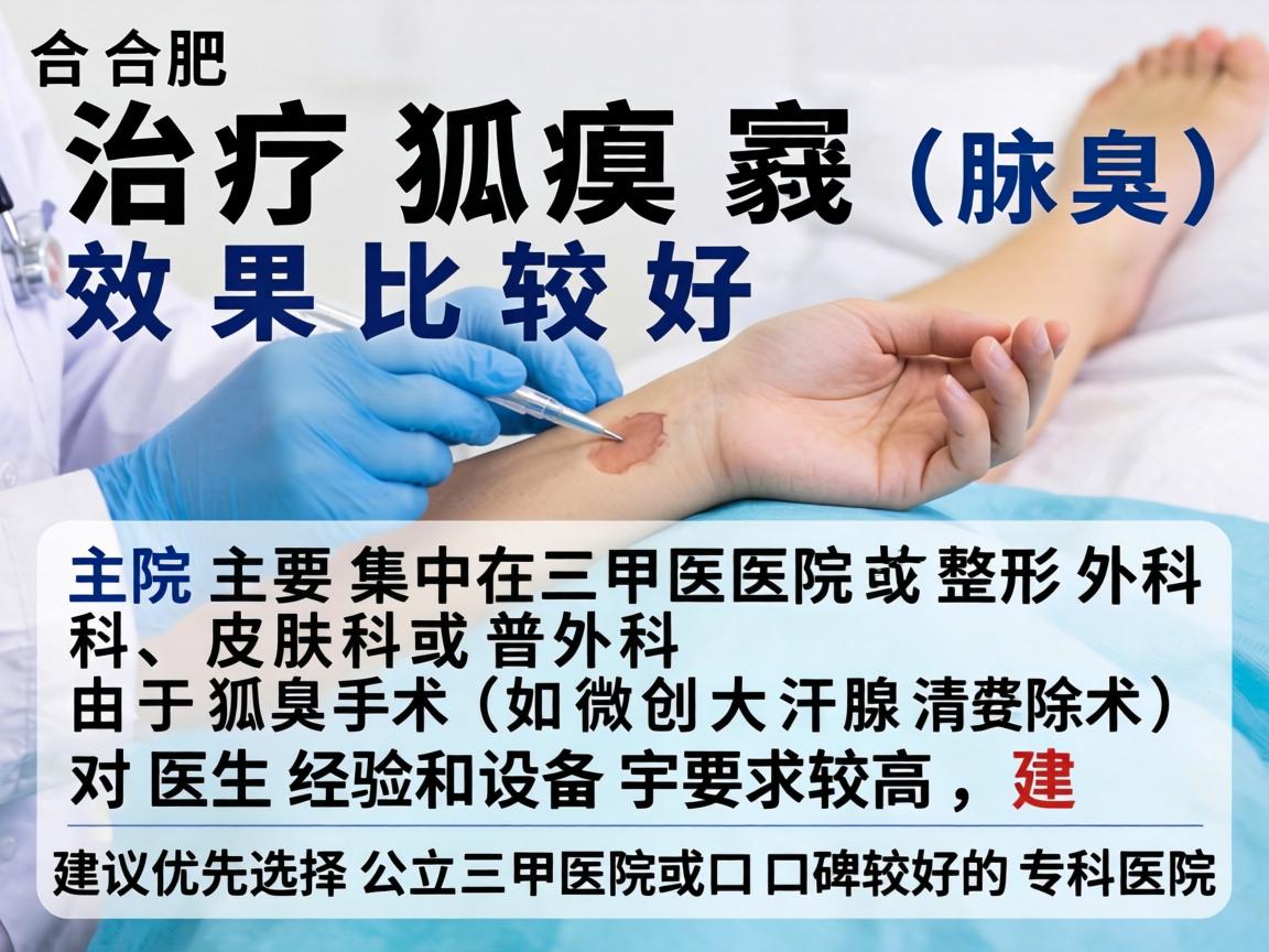 在合肥,治疗狐臭(腋臭)效果比较好的医院主要集中在三甲医院的整形外科、皮肤科或普外科。由于狐臭手术(如微创大汗腺清除术)对医生经验和设备要求较高,建议优先选择公立三甲医院或口碑较好的专科医院 在合肥,治疗狐臭(腋臭)效果比较好的医院主要集中在三甲医院的整形外科、皮肤科或普外科。由于狐臭手术(如微创大汗腺清除术)对医生经验和设备要求较高,建议优先选择公立三甲医院或口碑较好的专科医院