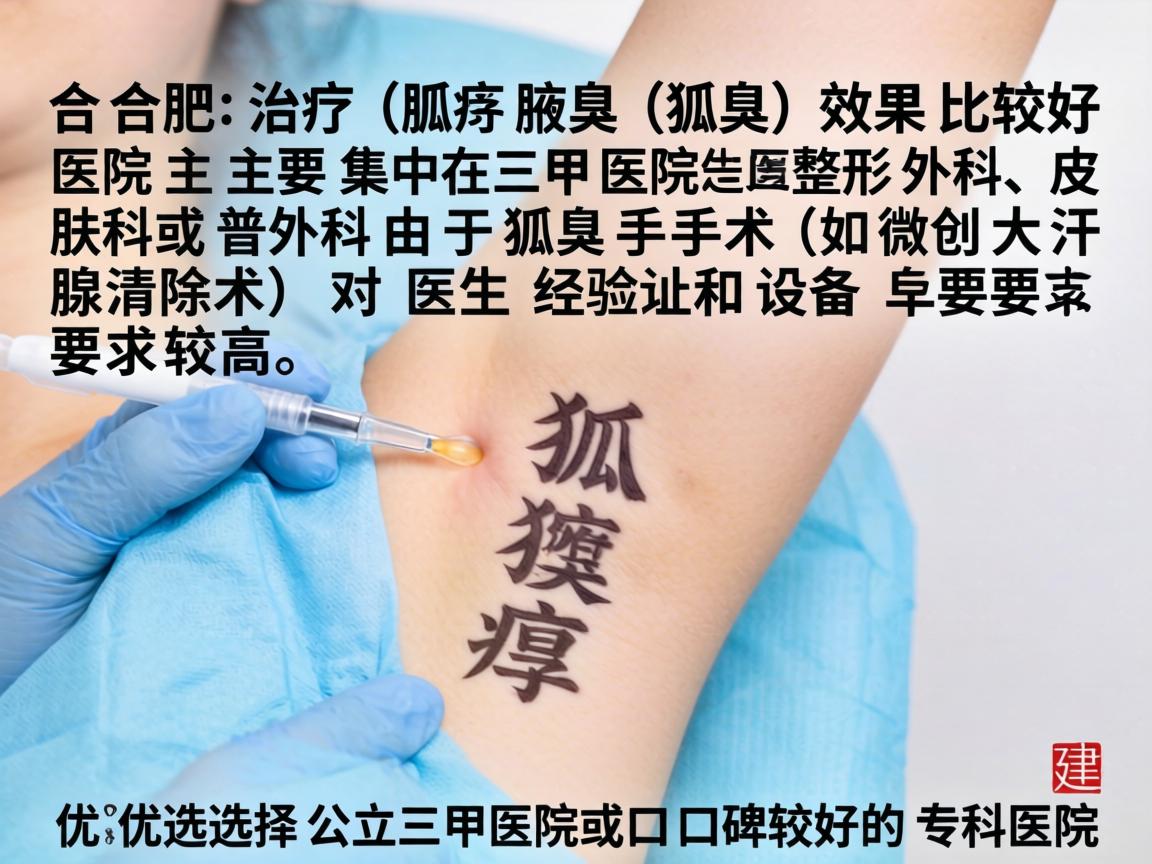 在合肥,治疗狐臭(腋臭)效果比较好的医院主要集中在三甲医院的整形外科、皮肤科或普外科。由于狐臭手术(如微创大汗腺清除术)对医生经验和设备要求较高,建议优先选择公立三甲医院或口碑较好的专科医院 在合肥,治疗狐臭(腋臭)效果比较好的医院主要集中在三甲医院的整形外科、皮肤科或普外科。由于狐臭手术(如微创大汗腺清除术)对医生经验和设备要求较高,建议优先选择公立三甲医院或口碑较好的专科医院