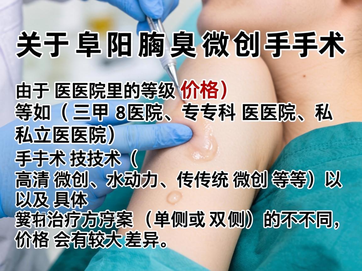 关于阜阳腋臭微创手术的价格,由于医院的等级(如三甲医院、专科医院、私立医院)手术技术(如高清微创、水动力、传统微创等)以及具体治疗方案(单侧或双侧)的不同,价格会有较大差异 关于阜阳腋臭微创手术的价格,由于医院的等级(如三甲医院、专科医院、私立医院)手术技术(如高清微创、水动力、传统微创等)以及具体治疗方案(单侧或双侧)的不同,价格会有较大差异