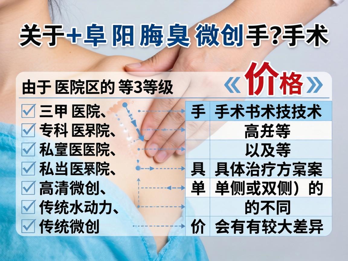 关于阜阳腋臭微创手术的价格,由于医院的等级(如三甲医院、专科医院、私立医院)手术技术(如高清微创、水动力、传统微创等)以及具体治疗方案(单侧或双侧)的不同,价格会有较大差异 关于阜阳腋臭微创手术的价格,由于医院的等级(如三甲医院、专科医院、私立医院)手术技术(如高清微创、水动力、传统微创等)以及具体治疗方案(单侧或双侧)的不同,价格会有较大差异