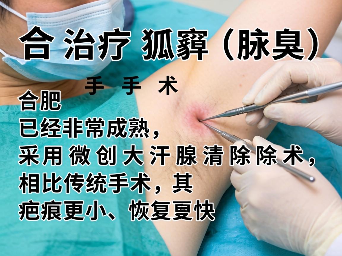 在合肥,治疗狐臭(腋臭)的手术已经非常成熟,主要采用微创大汗腺清除术,相比传统手术,其疤痕更小、恢复更快 在合肥,治疗狐臭(腋臭)的手术已经非常成熟,主要采用微创大汗腺清除术,相比传统手术,其疤痕更小、恢复更快
