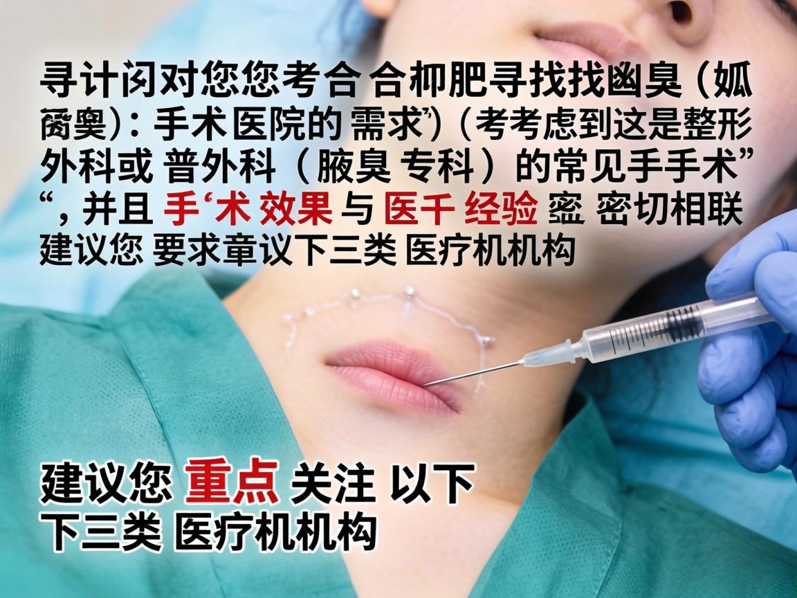针对您在合肥寻找腋臭(狐臭)手术医院的需求,考虑到这是整形外科或普外科(腋臭专科)的常见手术,并且手术效果与医生经验密切相关,建议您重点关注以下三类医疗机构 针对您在合肥寻找腋臭(狐臭)手术医院的需求,考虑到这是整形外科或普外科(腋臭专科)的常见手术,并且手术效果与医生经验密切相关,建议您重点关注以下三类医疗机构