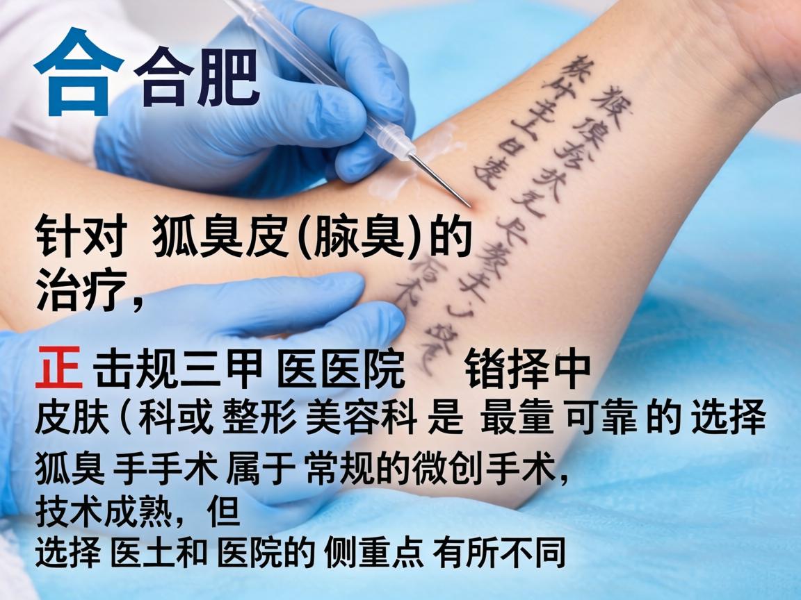 在合肥,针对狐臭(腋臭)的治疗,正规三甲医院的皮肤科或整形美容科是最可靠的选择。狐臭手术属于常规的微创手术,技术成熟,但选择医生和医院的侧重点有所不同 在合肥,针对狐臭(腋臭)的治疗,正规三甲医院的皮肤科或整形美容科是最可靠的选择。狐臭手术属于常规的微创手术,技术成熟,但选择医生和医院的侧重点有所不同