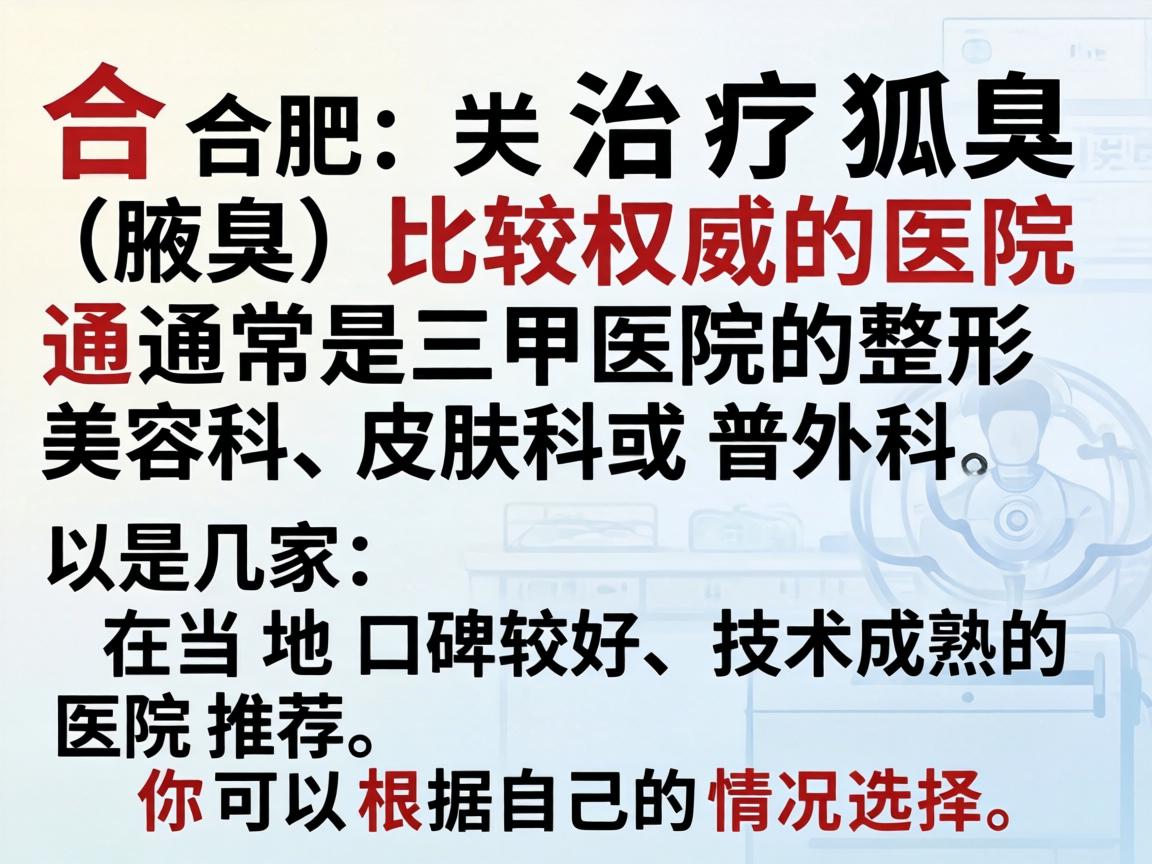 在合肥，治疗狐臭（腋臭）比较权威的医院通常是三甲医院的整形美容科、皮肤科或普外科。以下是几家在当地口碑较好、技术成熟的医院推荐，你可以根据自己的情况选择