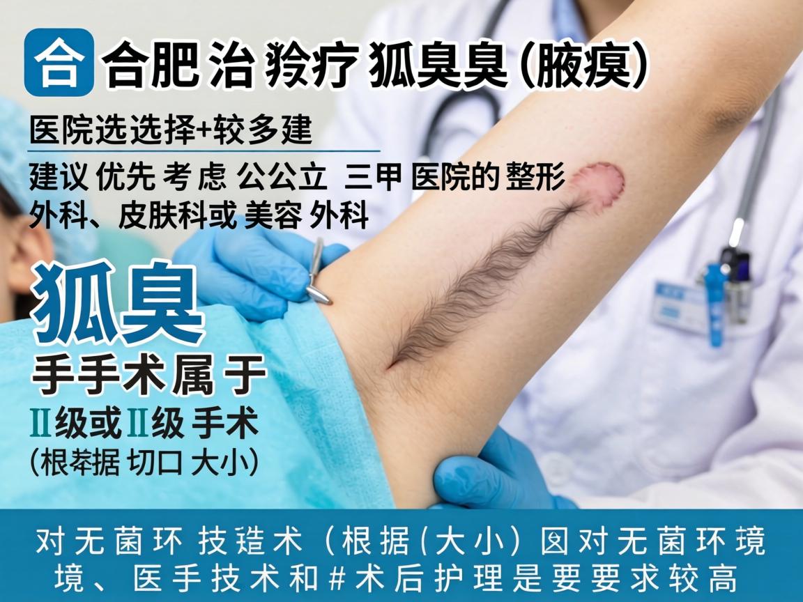 在合肥,治疗狐臭(腋臭)的医院选择较多,建议优先考虑公立三甲医院的整形外科、皮肤科或美容外科。狐臭手术属于Ⅰ级或Ⅱ级手术(根据切口大小)对无菌环境、医生技术和术后护理要求较高 在合肥,治疗狐臭(腋臭)的医院选择较多,建议优先考虑公立三甲医院的整形外科、皮肤科或美容外科。狐臭手术属于Ⅰ级或Ⅱ级手术(根据切口大小)对无菌环境、医生技术和术后护理要求较高