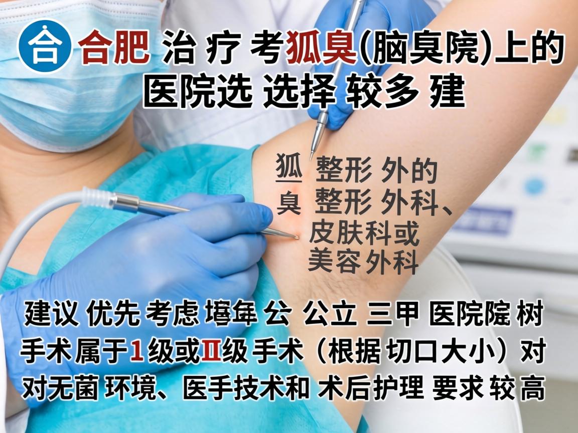 在合肥,治疗狐臭(腋臭)的医院选择较多,建议优先考虑公立三甲医院的整形外科、皮肤科或美容外科。狐臭手术属于Ⅰ级或Ⅱ级手术(根据切口大小)对无菌环境、医生技术和术后护理要求较高 在合肥,治疗狐臭(腋臭)的医院选择较多,建议优先考虑公立三甲医院的整形外科、皮肤科或美容外科。狐臭手术属于Ⅰ级或Ⅱ级手术(根据切口大小)对无菌环境、医生技术和术后护理要求较高