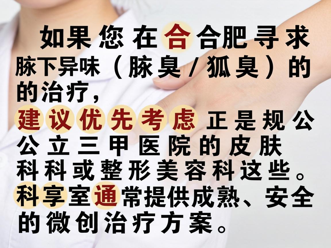 如果您在合肥寻求腋下异味(腋臭/狐臭)的治疗,建议优先考虑正规公立三甲医院的皮肤科或整形美容科。这些科室通常提供成熟、安全的微创治疗方案 如果您在合肥寻求腋下异味(腋臭/狐臭)的治疗,建议优先考虑正规公立三甲医院的皮肤科或整形美容科。这些科室通常提供成熟、安全的微创治疗方案