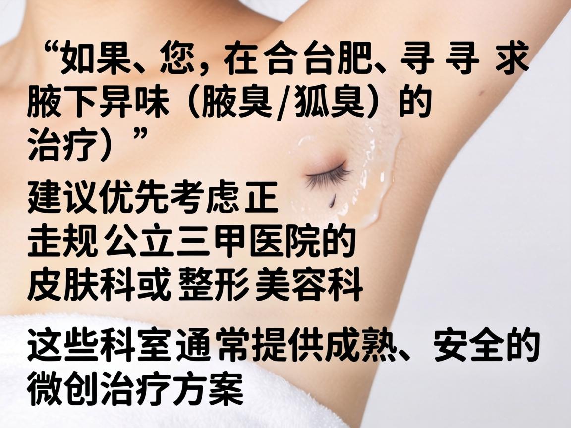 如果您在合肥寻求腋下异味(腋臭/狐臭)的治疗,建议优先考虑正规公立三甲医院的皮肤科或整形美容科。这些科室通常提供成熟、安全的微创治疗方案 如果您在合肥寻求腋下异味(腋臭/狐臭)的治疗,建议优先考虑正规公立三甲医院的皮肤科或整形美容科。这些科室通常提供成熟、安全的微创治疗方案