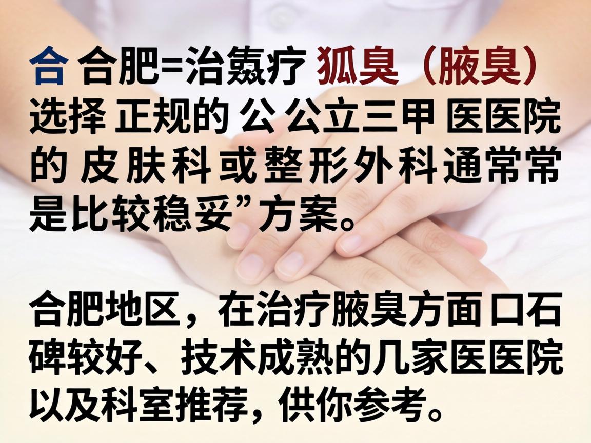 在合肥,治疗狐臭(腋臭)选择正规的公立三甲医院的皮肤科或整形外科通常是比较稳妥的方案。以下是合肥地区在治疗腋臭方面口碑较好、技术成熟的几家医院及科室推荐,供你参考 在合肥,治疗狐臭(腋臭)选择正规的公立三甲医院的皮肤科或整形外科通常是比较稳妥的方案。以下是合肥地区在治疗腋臭方面口碑较好、技术成熟的几家医院及科室推荐,供你参考
