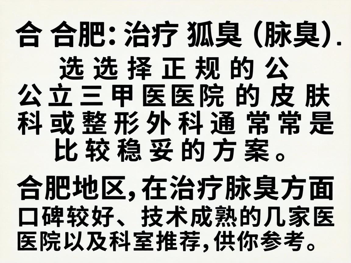 在合肥,治疗狐臭(腋臭)选择正规的公立三甲医院的皮肤科或整形外科通常是比较稳妥的方案。以下是合肥地区在治疗腋臭方面口碑较好、技术成熟的几家医院及科室推荐,供你参考 在合肥,治疗狐臭(腋臭)选择正规的公立三甲医院的皮肤科或整形外科通常是比较稳妥的方案。以下是合肥地区在治疗腋臭方面口碑较好、技术成熟的几家医院及科室推荐,供你参考