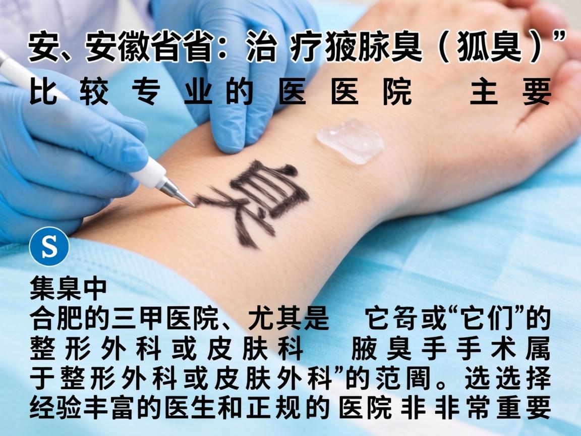 在安徽省,治疗腋臭(狐臭)比较专业的医院主要集中在合肥的三甲医院,尤其是它们的整形外科或皮肤科。腋臭手术属于整形外科或皮肤外科的范畴,选择经验丰富的医生和正规的医院非常重要 在安徽省,治疗腋臭(狐臭)比较专业的医院主要集中在合肥的三甲医院,尤其是它们的整形外科或皮肤科。腋臭手术属于整形外科或皮肤外科的范畴,选择经验丰富的医生和正规的医院非常重要
