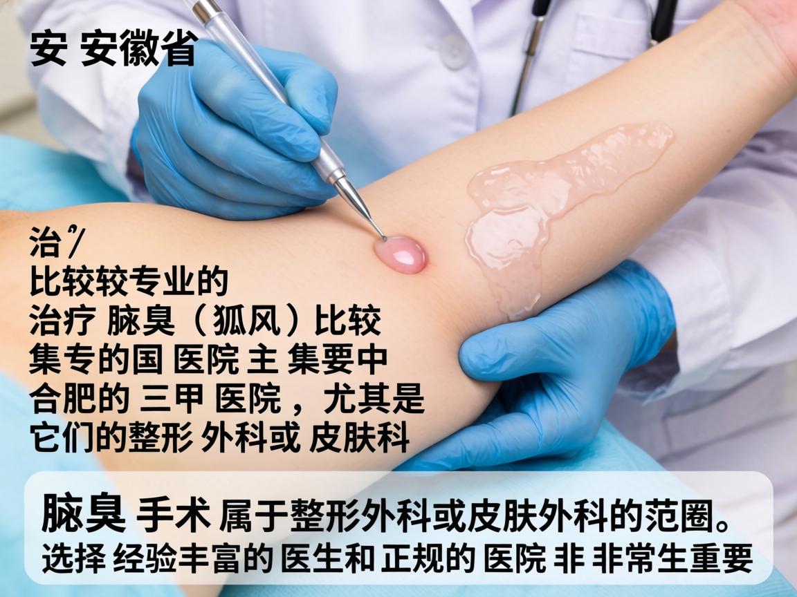 在安徽省,治疗腋臭(狐臭)比较专业的医院主要集中在合肥的三甲医院,尤其是它们的整形外科或皮肤科。腋臭手术属于整形外科或皮肤外科的范畴,选择经验丰富的医生和正规的医院非常重要 在安徽省,治疗腋臭(狐臭)比较专业的医院主要集中在合肥的三甲医院,尤其是它们的整形外科或皮肤科。腋臭手术属于整形外科或皮肤外科的范畴,选择经验丰富的医生和正规的医院非常重要