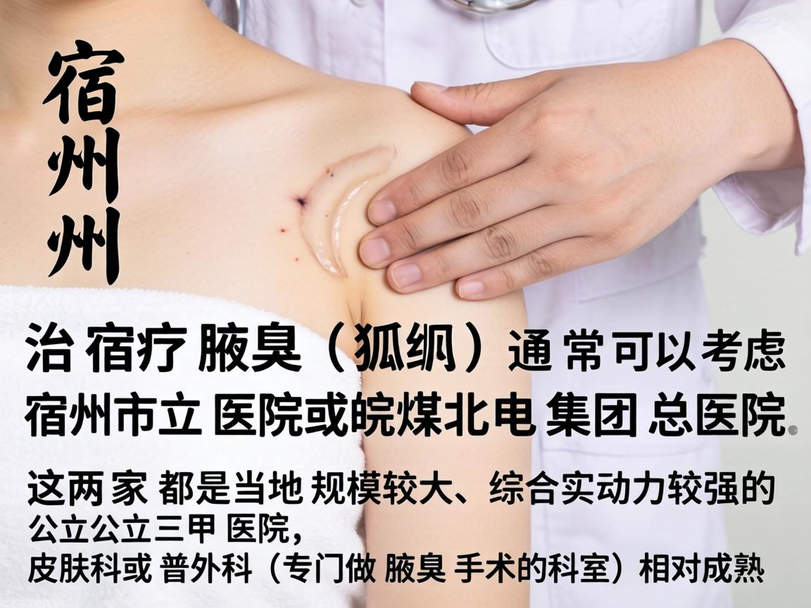 在宿州,治疗腋臭(狐臭)通常可以考虑宿州市立医院或皖北煤电集团总医院。这两家都是当地规模较大、综合实力较强的公立三甲医院,皮肤科或普外科(专门做腋臭手术的科室)相对成熟 在宿州,治疗腋臭(狐臭)通常可以考虑宿州市立医院或皖北煤电集团总医院。这两家都是当地规模较大、综合实力较强的公立三甲医院,皮肤科或普外科(专门做腋臭手术的科室)相对成熟