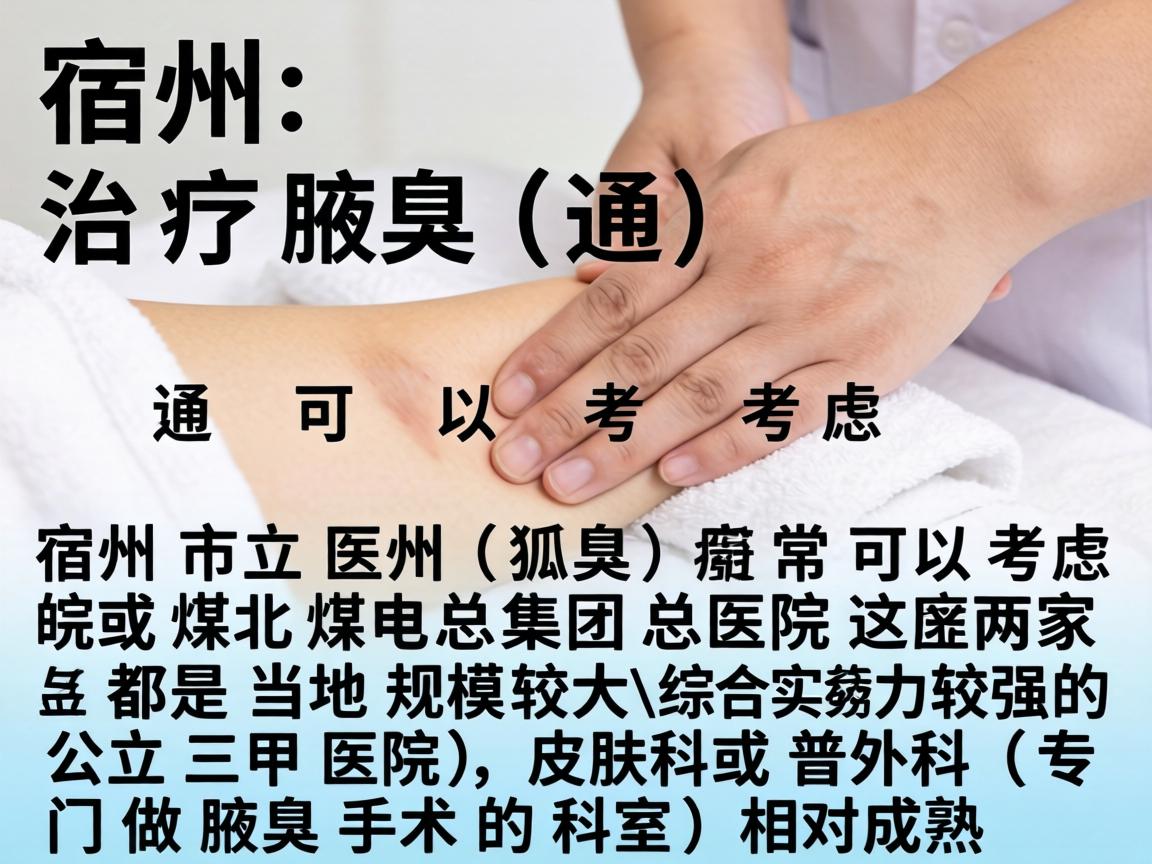 在宿州,治疗腋臭(狐臭)通常可以考虑宿州市立医院或皖北煤电集团总医院。这两家都是当地规模较大、综合实力较强的公立三甲医院,皮肤科或普外科(专门做腋臭手术的科室)相对成熟 在宿州,治疗腋臭(狐臭)通常可以考虑宿州市立医院或皖北煤电集团总医院。这两家都是当地规模较大、综合实力较强的公立三甲医院,皮肤科或普外科(专门做腋臭手术的科室)相对成熟