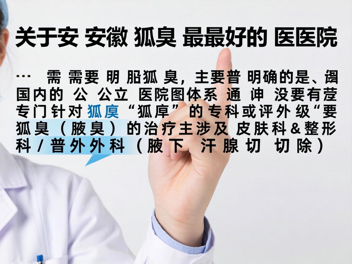 关于安徽狐臭最好的医院,需要明确的是,国内的公立医院体系通常没有专门针对狐臭的专科或评级。狐臭(腋臭)的治疗主要涉及皮肤科和整形外科/普外科(腋下汗腺切除) 关于安徽狐臭最好的医院,需要明确的是,国内的公立医院体系通常没有专门针对狐臭的专科或评级。狐臭(腋臭)的治疗主要涉及皮肤科和整形外科/普外科(腋下汗腺切除)