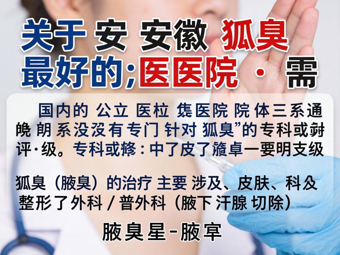 关于安徽狐臭最好的医院,需要明确的是,国内的公立医院体系通常没有专门针对狐臭的专科或评级。狐臭(腋臭)的治疗主要涉及皮肤科和整形外科/普外科(腋下汗腺切除) 关于安徽狐臭最好的医院,需要明确的是,国内的公立医院体系通常没有专门针对狐臭的专科或评级。狐臭(腋臭)的治疗主要涉及皮肤科和整形外科/普外科(腋下汗腺切除)