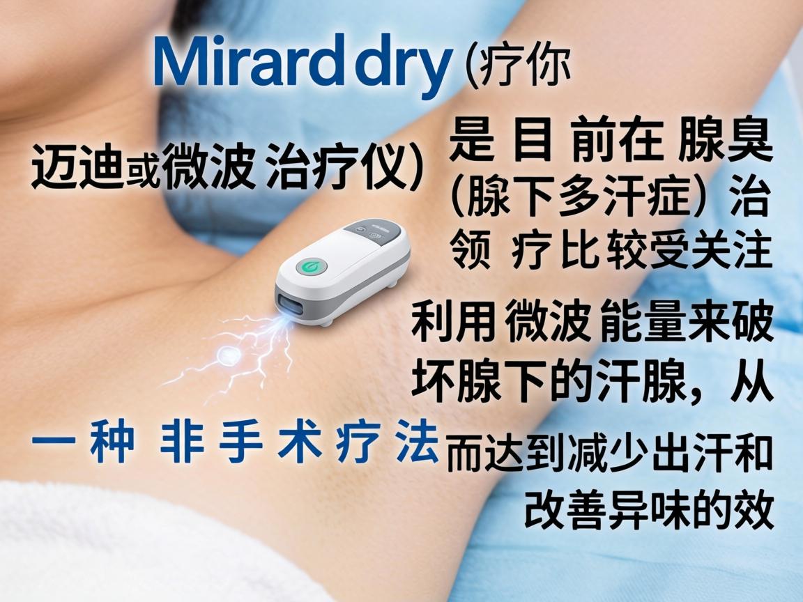 Miradry(中文常译为迈迪或微波治疗仪)是目前在腋臭(腋下多汗症)治疗领域比较受关注的一种非手术疗法。它利用微波能量来破坏腋下的汗腺,从而达到减少出汗和改善异味的效果 Miradry(中文常译为迈迪或微波治疗仪)是目前在腋臭(腋下多汗症)治疗领域比较受关注的一种非手术疗法。它利用微波能量来破坏腋下的汗腺,从而达到减少出汗和改善异味的效果