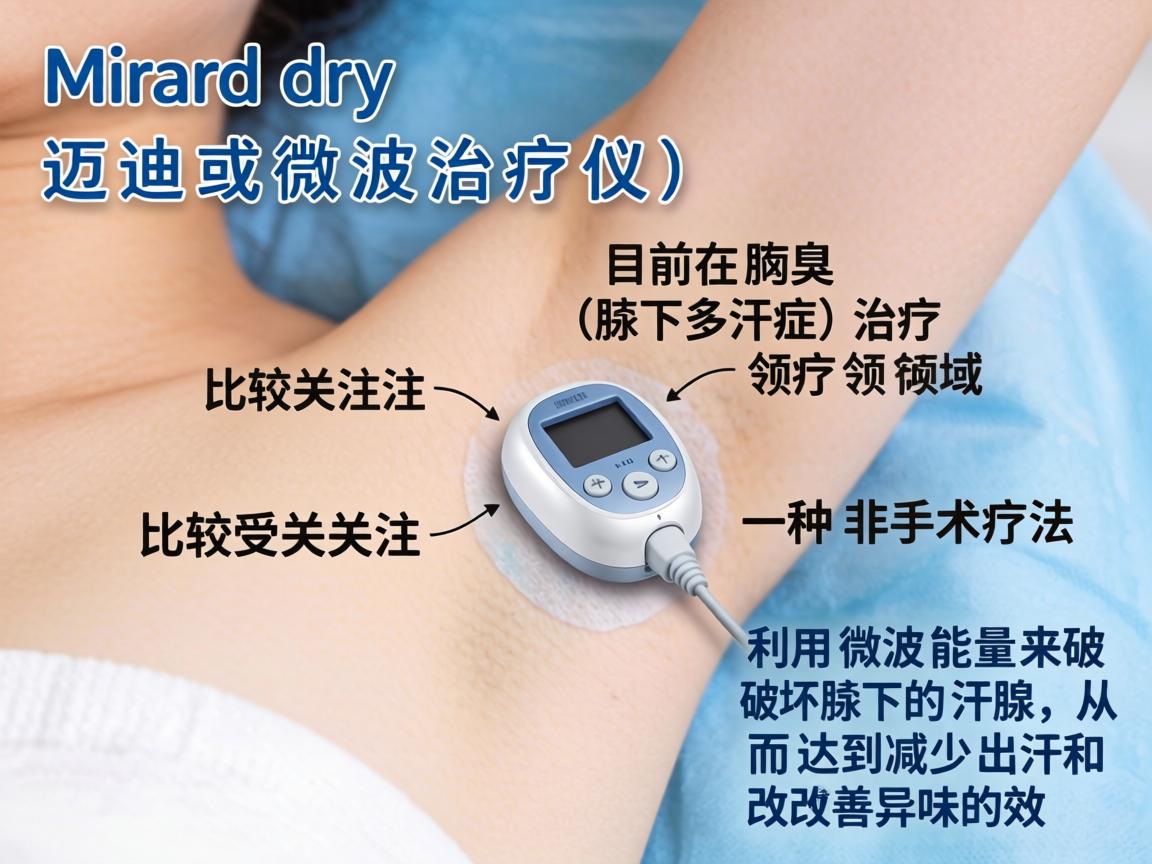 Miradry(中文常译为迈迪或微波治疗仪)是目前在腋臭(腋下多汗症)治疗领域比较受关注的一种非手术疗法。它利用微波能量来破坏腋下的汗腺,从而达到减少出汗和改善异味的效果 Miradry(中文常译为迈迪或微波治疗仪)是目前在腋臭(腋下多汗症)治疗领域比较受关注的一种非手术疗法。它利用微波能量来破坏腋下的汗腺,从而达到减少出汗和改善异味的效果