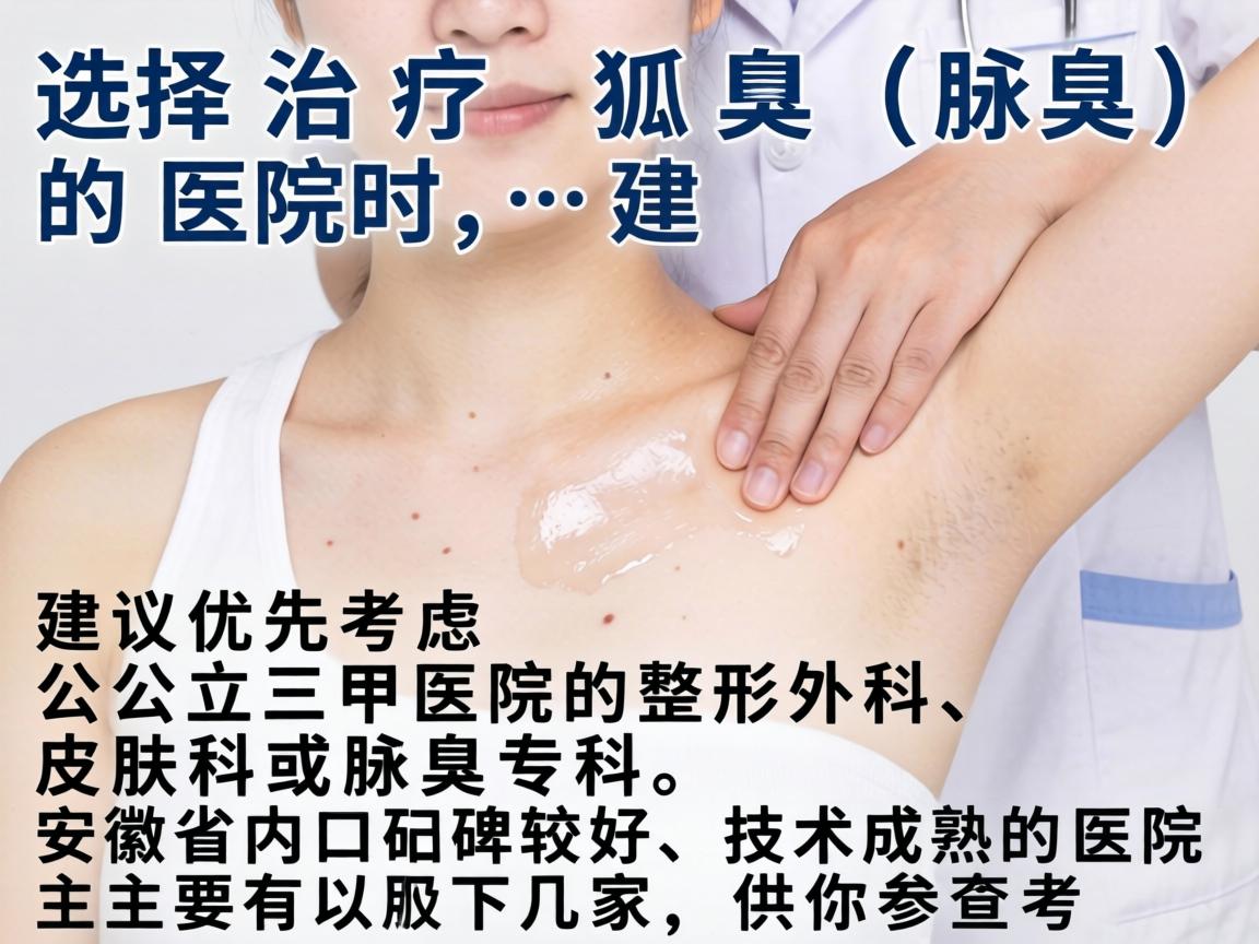 选择治疗狐臭(腋臭)的医院时,建议优先考虑公立三甲医院的整形外科、皮肤科或腋臭专科。安徽省内口碑较好、技术成熟的医院主要有以下几家,供你参考 选择治疗狐臭(腋臭)的医院时,建议优先考虑公立三甲医院的整形外科、皮肤科或腋臭专科。安徽省内口碑较好、技术成熟的医院主要有以下几家,供你参考