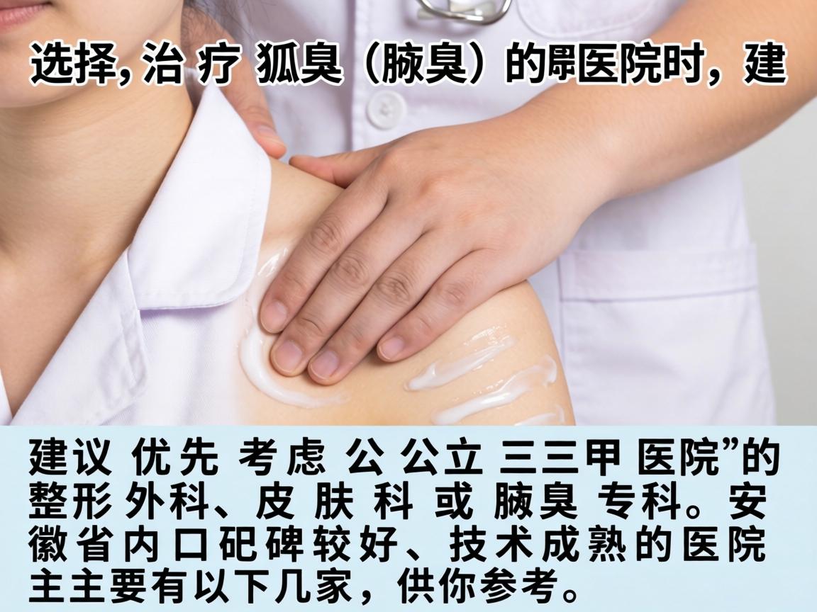 选择治疗狐臭(腋臭)的医院时,建议优先考虑公立三甲医院的整形外科、皮肤科或腋臭专科。安徽省内口碑较好、技术成熟的医院主要有以下几家,供你参考 选择治疗狐臭(腋臭)的医院时,建议优先考虑公立三甲医院的整形外科、皮肤科或腋臭专科。安徽省内口碑较好、技术成熟的医院主要有以下几家,供你参考