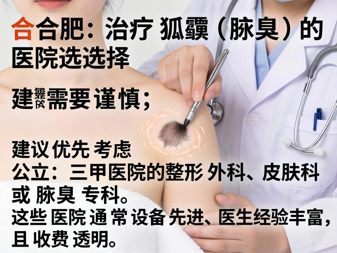 合肥治疗狐臭(腋臭)的医院选择需要谨慎,建议优先考虑公立三甲医院的整形外科、皮肤科或腋臭专科。这些医院通常设备先进、医生经验丰富,且收费透明 合肥治疗狐臭(腋臭)的医院选择需要谨慎,建议优先考虑公立三甲医院的整形外科、皮肤科或腋臭专科。这些医院通常设备先进、医生经验丰富,且收费透明