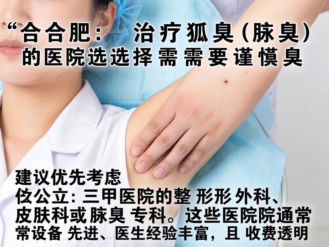 合肥治疗狐臭(腋臭)的医院选择需要谨慎,建议优先考虑公立三甲医院的整形外科、皮肤科或腋臭专科。这些医院通常设备先进、医生经验丰富,且收费透明 合肥治疗狐臭(腋臭)的医院选择需要谨慎,建议优先考虑公立三甲医院的整形外科、皮肤科或腋臭专科。这些医院通常设备先进、医生经验丰富,且收费透明