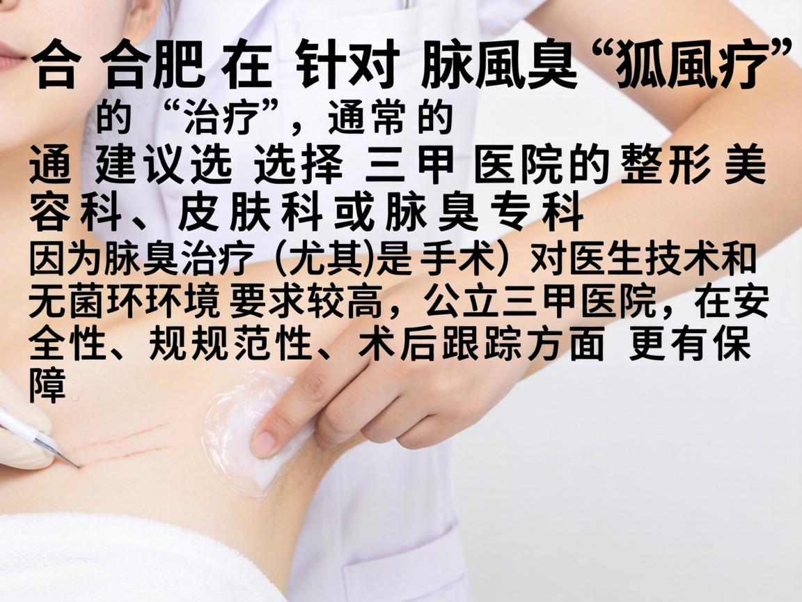 在合肥，针对腋臭（狐臭）的治疗，通常建议选择三甲医院的整形美容科、皮肤科或腋臭专科。因为腋臭治疗（尤其是手术）对医生技术和无菌环境要求较高，公立三甲医院在安全性、规范性和术后跟踪方面更有保障