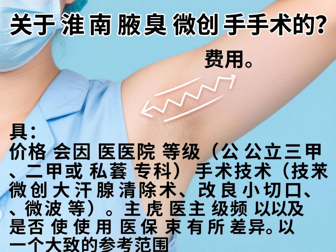 关于淮南腋臭微创手术的费用,具体价格会因医院等级(公立三甲、二甲或私立专科)手术技术(如微创大汗腺清除术、改良小切口、微波等)主刀医生级别以及是否使用医保而有所差异。以下是一个大致的参考范围 关于淮南腋臭微创手术的费用,具体价格会因医院等级(公立三甲、二甲或私立专科)手术技术(如微创大汗腺清除术、改良小切口、微波等)主刀医生级别以及是否使用医保而有所差异。以下是一个大致的参考范围