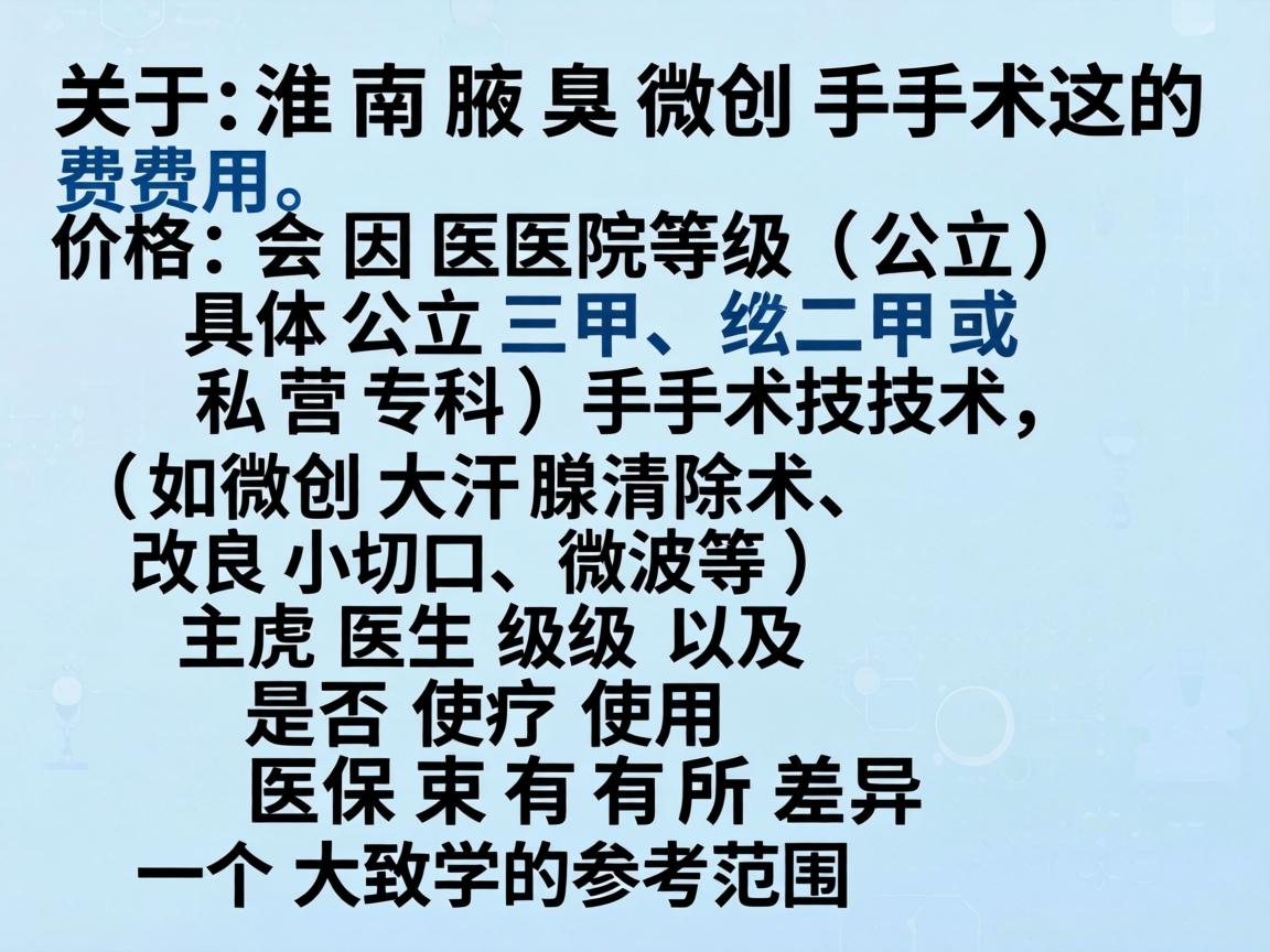 关于淮南腋臭微创手术的费用,具体价格会因医院等级(公立三甲、二甲或私立专科)手术技术(如微创大汗腺清除术、改良小切口、微波等)主刀医生级别以及是否使用医保而有所差异。以下是一个大致的参考范围 关于淮南腋臭微创手术的费用,具体价格会因医院等级(公立三甲、二甲或私立专科)手术技术(如微创大汗腺清除术、改良小切口、微波等)主刀医生级别以及是否使用医保而有所差异。以下是一个大致的参考范围
