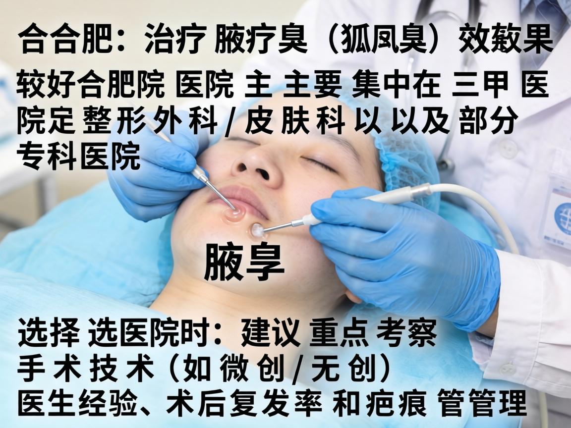 在合肥，治疗腋臭（狐臭）效果较好的医院主要集中在三甲医院的整形外科/皮肤科以及部分专科医院。选择医院时，建议重点考察手术技术（如微创/无创）医生经验、术后复发率和疤痕管理