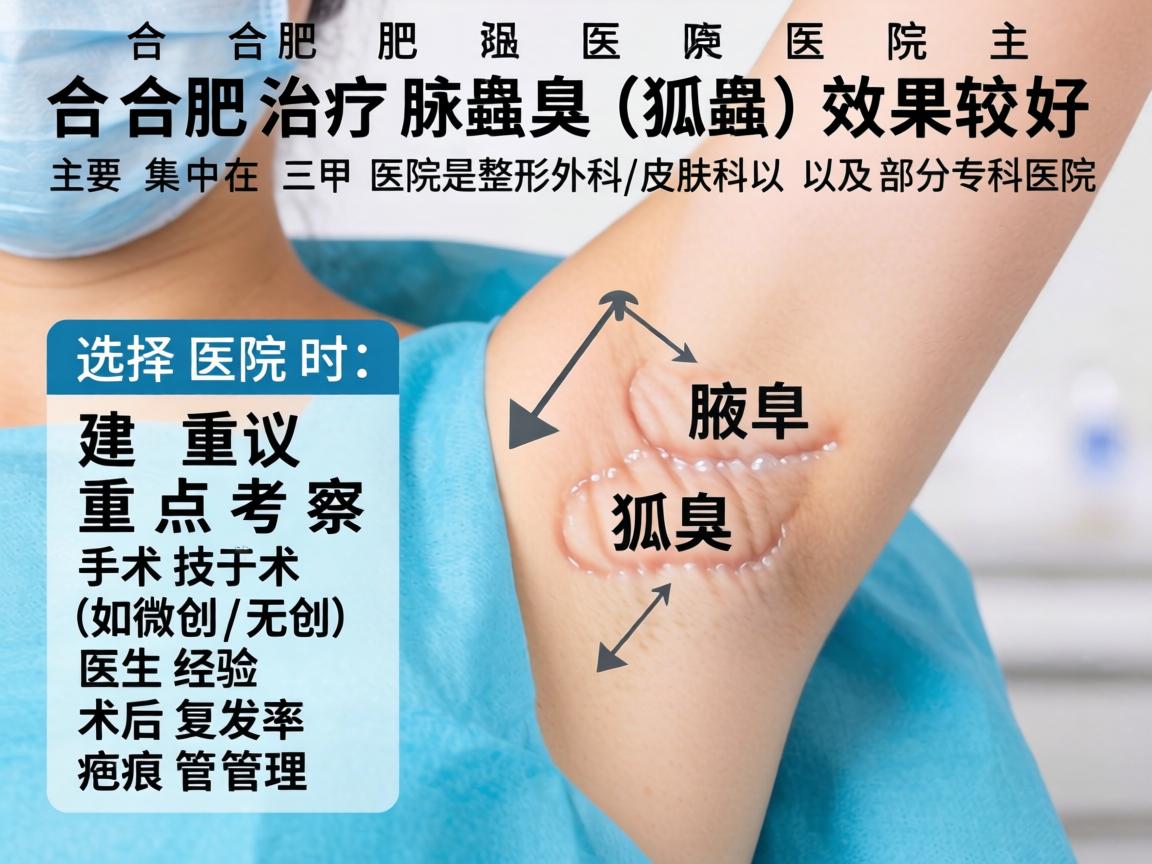 在合肥，治疗腋臭（狐臭）效果较好的医院主要集中在三甲医院的整形外科/皮肤科以及部分专科医院。选择医院时，建议重点考察手术技术（如微创/无创）医生经验、术后复发率和疤痕管理