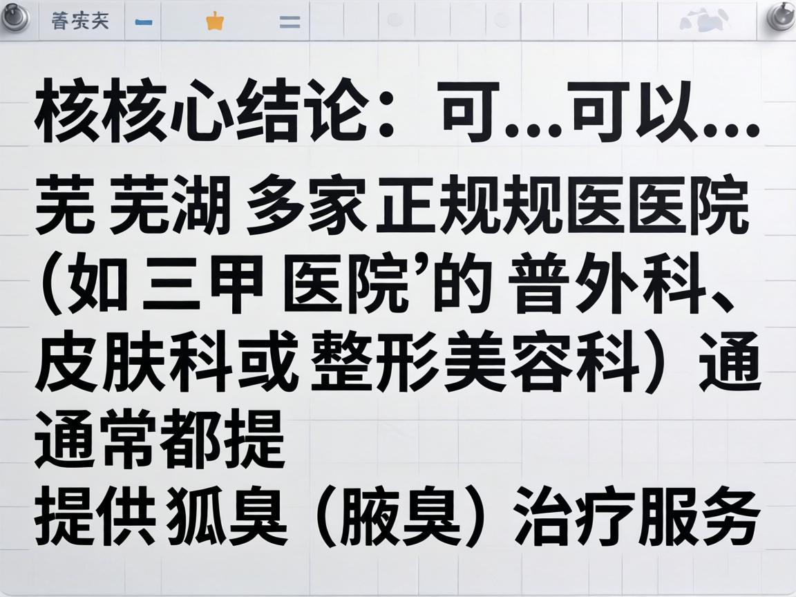 核心结论,可以,芜湖多家正规医院(如三甲医院的普外科、皮肤科或整形美容科)通常都提供狐臭(腋臭)治疗服务 核心结论,可以,芜湖多家正规医院(如三甲医院的普外科、皮肤科或整形美容科)通常都提供狐臭(腋臭)治疗服务
