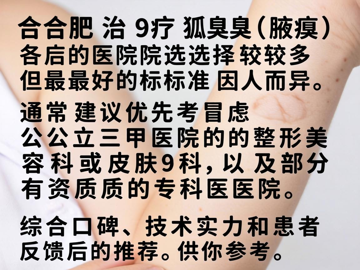 在合肥,治疗狐臭(腋臭)的医院选择较多,但最好的标准因人而异,通常建议优先考虑公立三甲医院的整形美容科或皮肤科,以及部分有资质的专科医院。以下是综合口碑、技术实力和患者反馈后的推荐,供你参考 在合肥,治疗狐臭(腋臭)的医院选择较多,但最好的标准因人而异,通常建议优先考虑公立三甲医院的整形美容科或皮肤科,以及部分有资质的专科医院。以下是综合口碑、技术实力和患者反馈后的推荐,供你参考