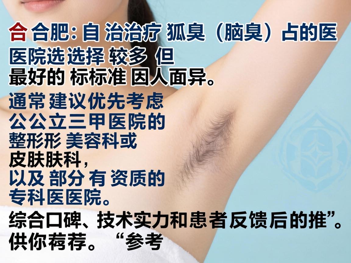 在合肥,治疗狐臭(腋臭)的医院选择较多,但最好的标准因人而异,通常建议优先考虑公立三甲医院的整形美容科或皮肤科,以及部分有资质的专科医院。以下是综合口碑、技术实力和患者反馈后的推荐,供你参考 在合肥,治疗狐臭(腋臭)的医院选择较多,但最好的标准因人而异,通常建议优先考虑公立三甲医院的整形美容科或皮肤科,以及部分有资质的专科医院。以下是综合口碑、技术实力和患者反馈后的推荐,供你参考