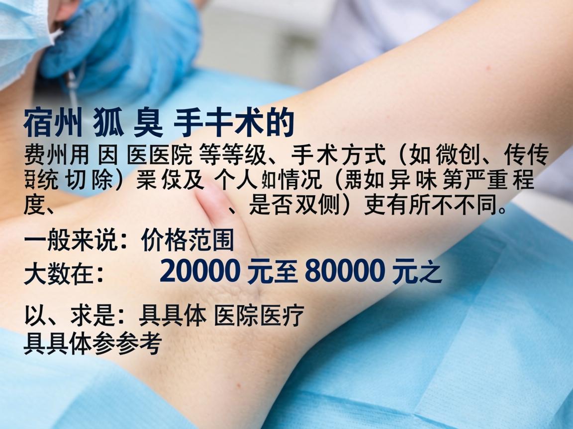 在宿州,狐臭手术的费用因医院等级、手术方式(如微创、传统切除)及个人情况(如异味严重程度、是否双侧)而有所不同。一般来说,价格范围大致在2000元至8000元之间。以下是具体参考 在宿州,狐臭手术的费用因医院等级、手术方式(如微创、传统切除)及个人情况(如异味严重程度、是否双侧)而有所不同。一般来说,价格范围大致在2000元至8000元之间。以下是具体参考