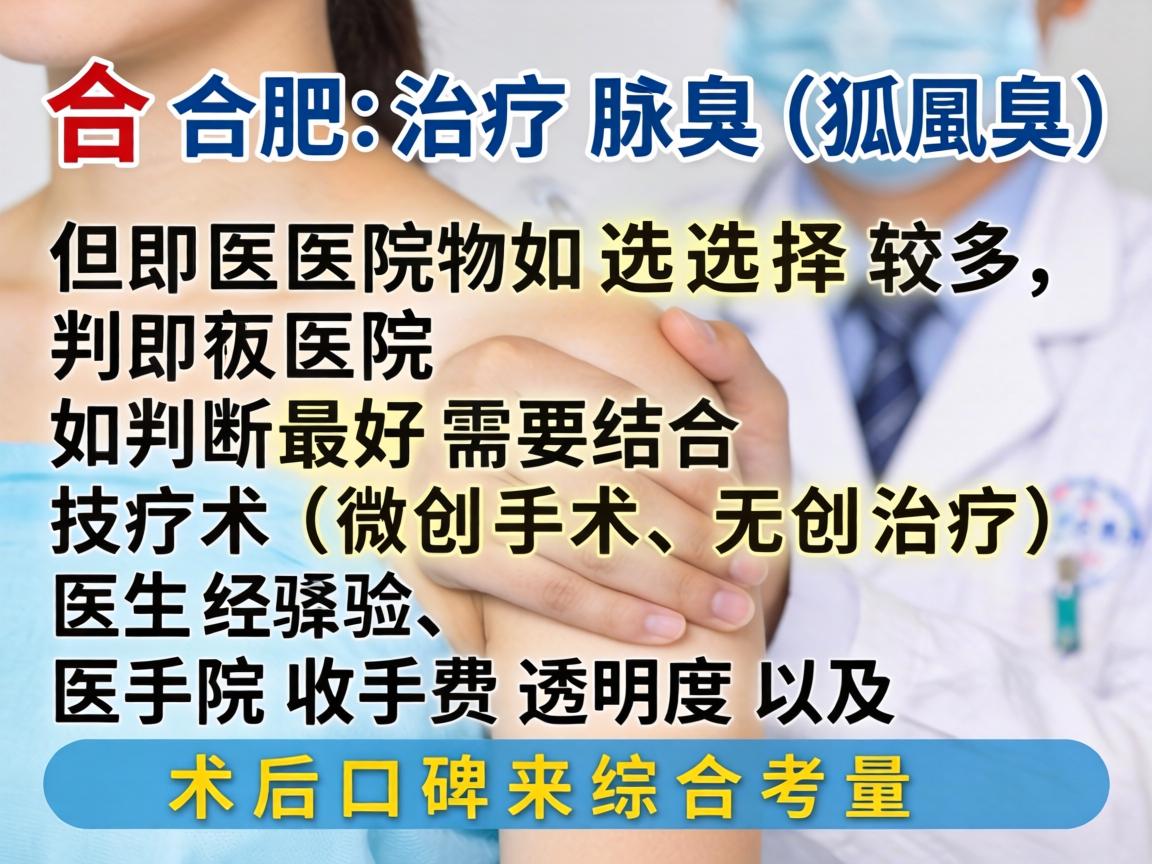 在合肥，治疗腋臭（狐臭）的医院选择较多，但判断最好需要结合医疗技术（如微创手术、无创治疗）医生经验、医院收费透明度以及术后口碑来综合考量