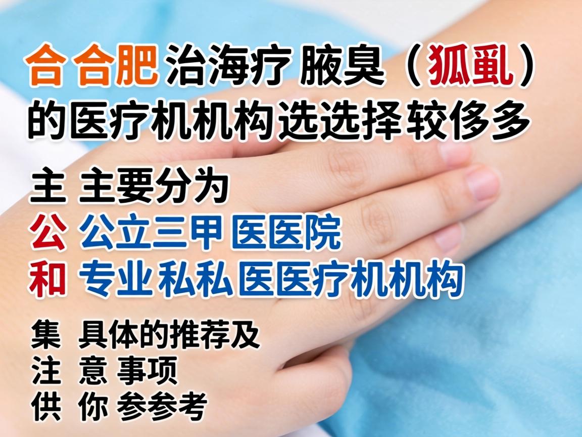 在合肥,治疗腋臭(狐臭)的医疗机构选择较多,主要分为公立三甲医院和专业私立医疗机构。以下是具体的推荐及注意事项,供你参考 在合肥,治疗腋臭(狐臭)的医疗机构选择较多,主要分为公立三甲医院和专业私立医疗机构。以下是具体的推荐及注意事项,供你参考