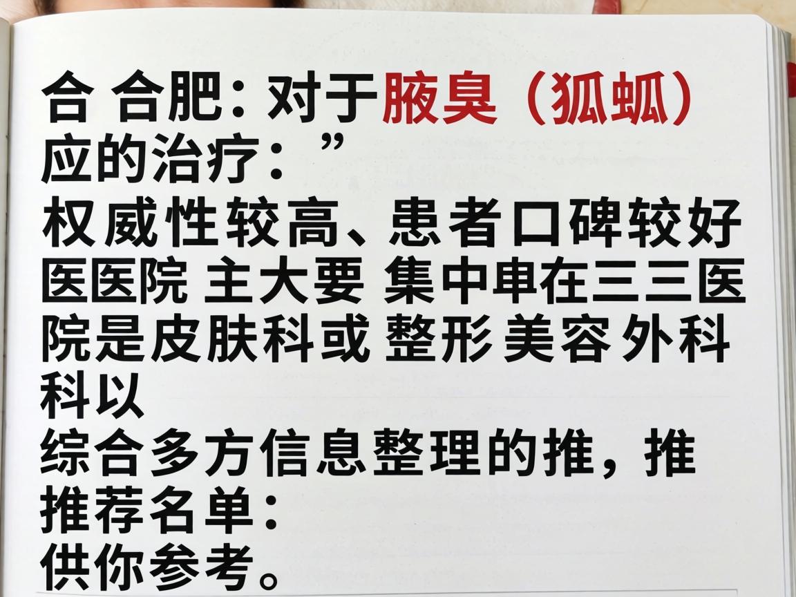 在合肥,对于腋臭(狐臭)的治疗,权威性较高、患者口碑较好的医院主要集中在三甲医院的皮肤科或整形美容外科。以下是综合多方信息整理的推荐名单,供你参考 在合肥,对于腋臭(狐臭)的治疗,权威性较高、患者口碑较好的医院主要集中在三甲医院的皮肤科或整形美容外科。以下是综合多方信息整理的推荐名单,供你参考