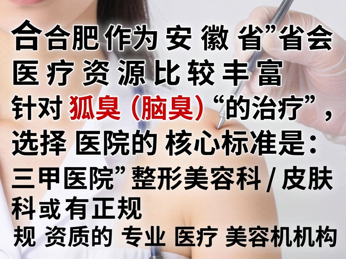 合肥作为安徽省的省会,医疗资源比较丰富。针对狐臭(腋臭)的治疗,选择医院的核心标准是,三甲医院的整形美容科/皮肤科 或 有正规资质的专业医疗美容机构 合肥作为安徽省的省会,医疗资源比较丰富。针对狐臭(腋臭)的治疗,选择医院的核心标准是,三甲医院的整形美容科/皮肤科 或 有正规资质的专业医疗美容机构