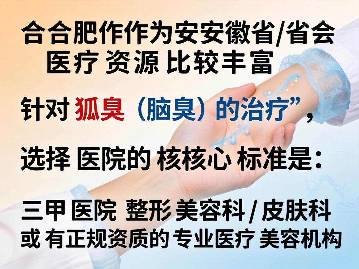 合肥作为安徽省的省会,医疗资源比较丰富。针对狐臭(腋臭)的治疗,选择医院的核心标准是,三甲医院的整形美容科/皮肤科 或 有正规资质的专业医疗美容机构 合肥作为安徽省的省会,医疗资源比较丰富。针对狐臭(腋臭)的治疗,选择医院的核心标准是,三甲医院的整形美容科/皮肤科 或 有正规资质的专业医疗美容机构