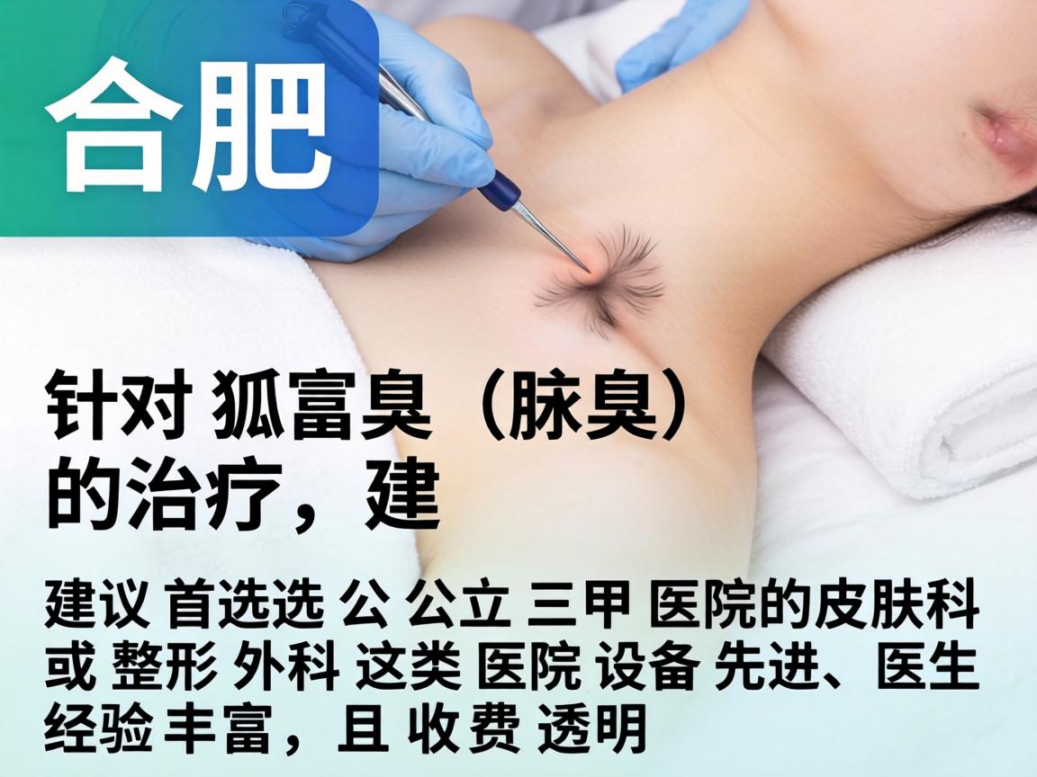 在合肥,针对狐臭(腋臭)的治疗,建议首选公立三甲医院的皮肤科或整形外科。这类医院设备先进、医生经验丰富,且收费透明 在合肥,针对狐臭(腋臭)的治疗,建议首选公立三甲医院的皮肤科或整形外科。这类医院设备先进、医生经验丰富,且收费透明