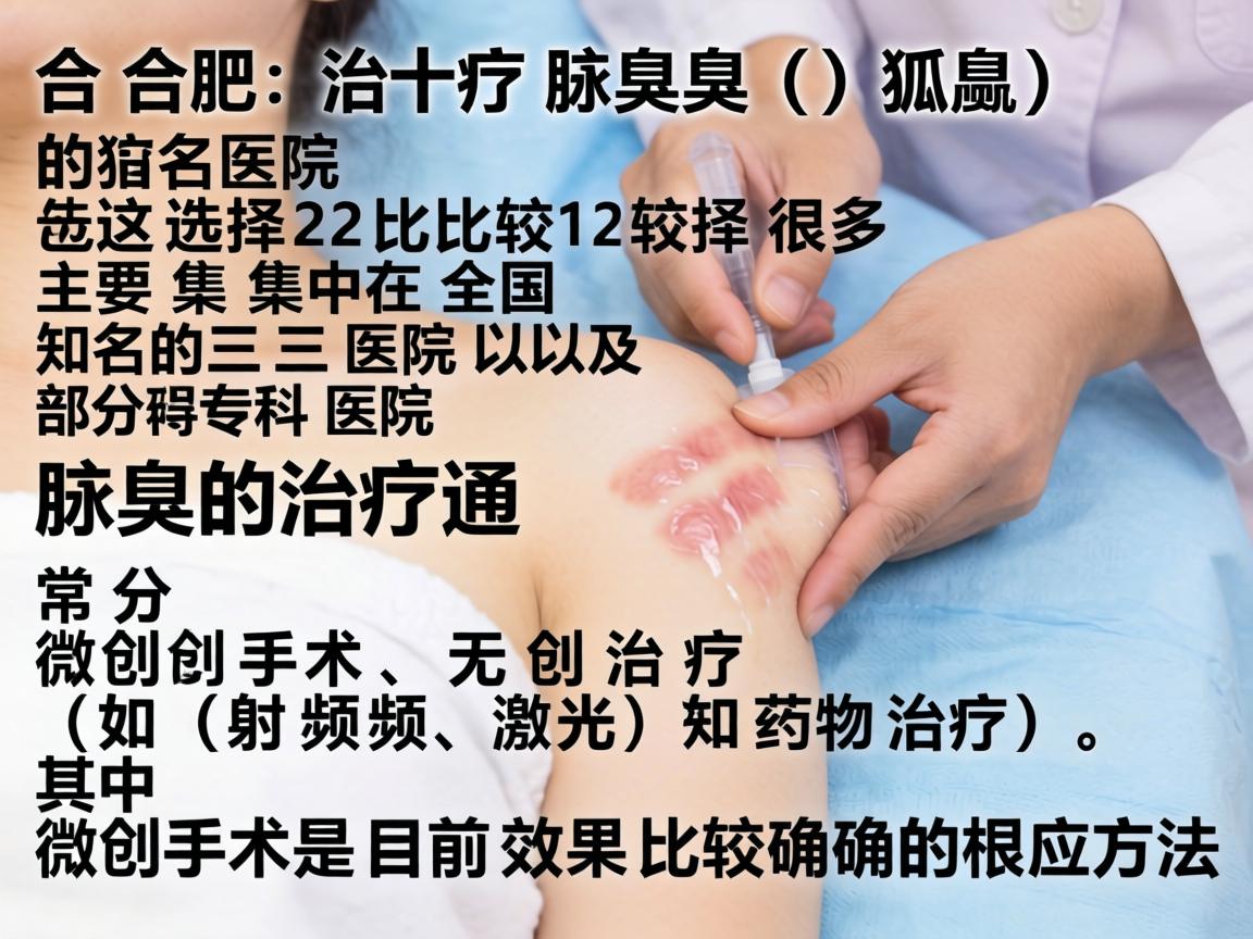 在合肥,治疗腋臭(狐臭)的医院选择比较多,主要集中在全国知名的三甲医院以及部分专科医院。腋臭的治疗通常分为微创手术、无创治疗(如射频、激光)和药物治疗,其中微创手术是目前效果比较确切的根治方法 在合肥,治疗腋臭(狐臭)的医院选择比较多,主要集中在全国知名的三甲医院以及部分专科医院。腋臭的治疗通常分为微创手术、无创治疗(如射频、激光)和药物治疗,其中微创手术是目前效果比较确切的根治方法
