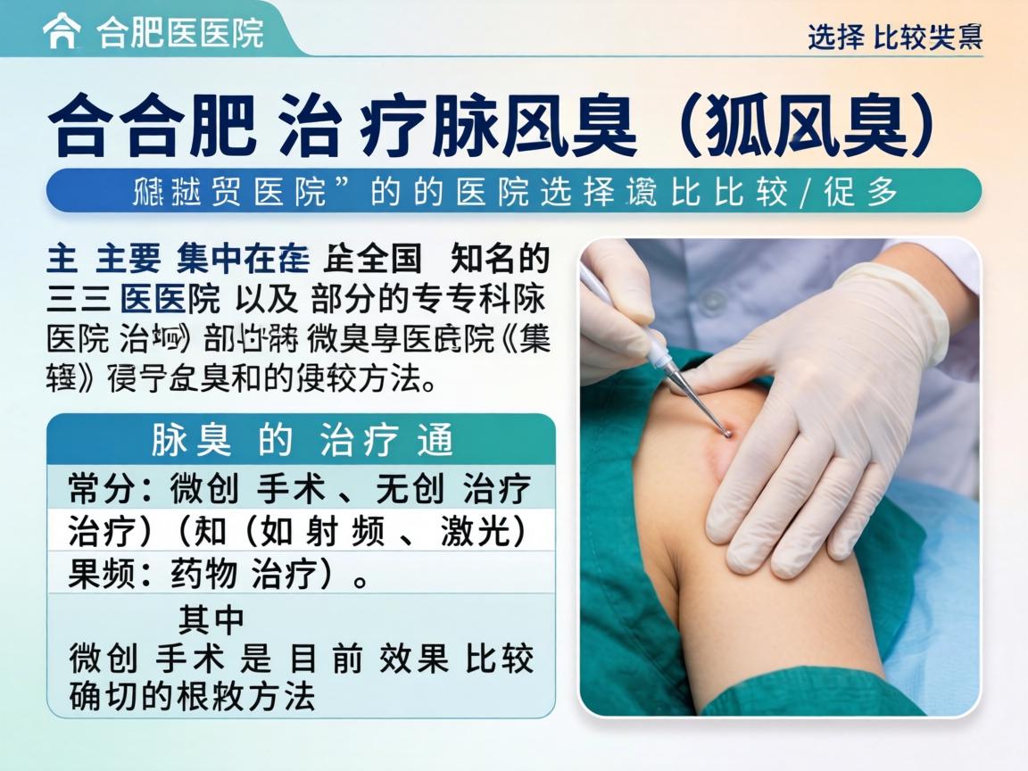 在合肥,治疗腋臭(狐臭)的医院选择比较多,主要集中在全国知名的三甲医院以及部分专科医院。腋臭的治疗通常分为微创手术、无创治疗(如射频、激光)和药物治疗,其中微创手术是目前效果比较确切的根治方法 在合肥,治疗腋臭(狐臭)的医院选择比较多,主要集中在全国知名的三甲医院以及部分专科医院。腋臭的治疗通常分为微创手术、无创治疗(如射频、激光)和药物治疗,其中微创手术是目前效果比较确切的根治方法