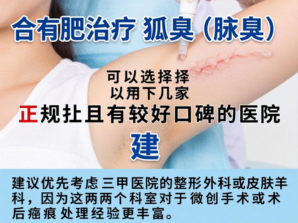 在合肥,治疗狐臭(腋臭)可以选择以下几家正规且有较好口碑的医院。建议优先考虑三甲医院的整形外科或皮肤科,因为这两个科室对于微创手术和术后疤痕处理经验更丰富 在合肥,治疗狐臭(腋臭)可以选择以下几家正规且有较好口碑的医院。建议优先考虑三甲医院的整形外科或皮肤科,因为这两个科室对于微创手术和术后疤痕处理经验更丰富